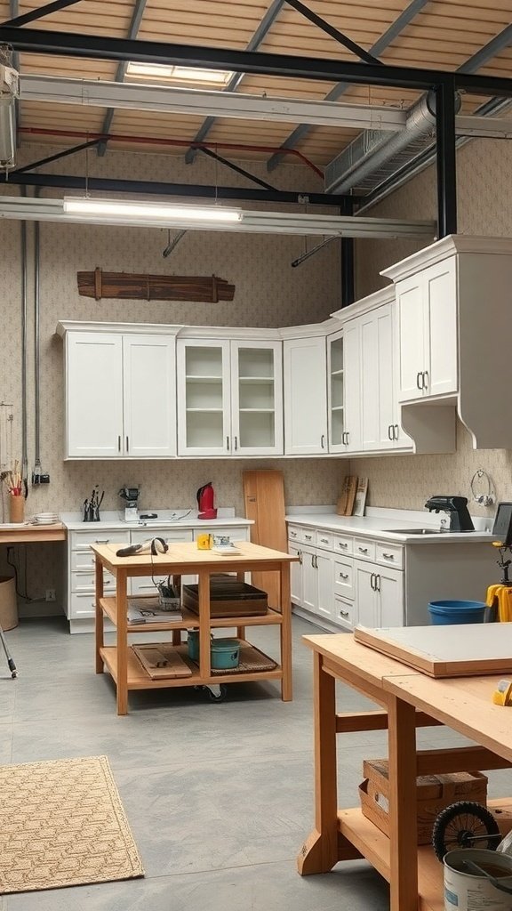 A bright kitchen featuring white cabinets and wooden worktables, showcasing a clean and inviting atmosphere.