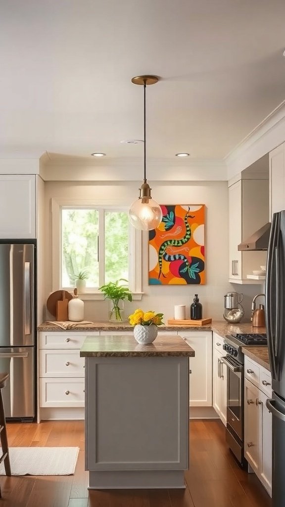 A simple kitchen design featuring a colorful wall art, a stylish light fixture, and a cozy atmosphere.
