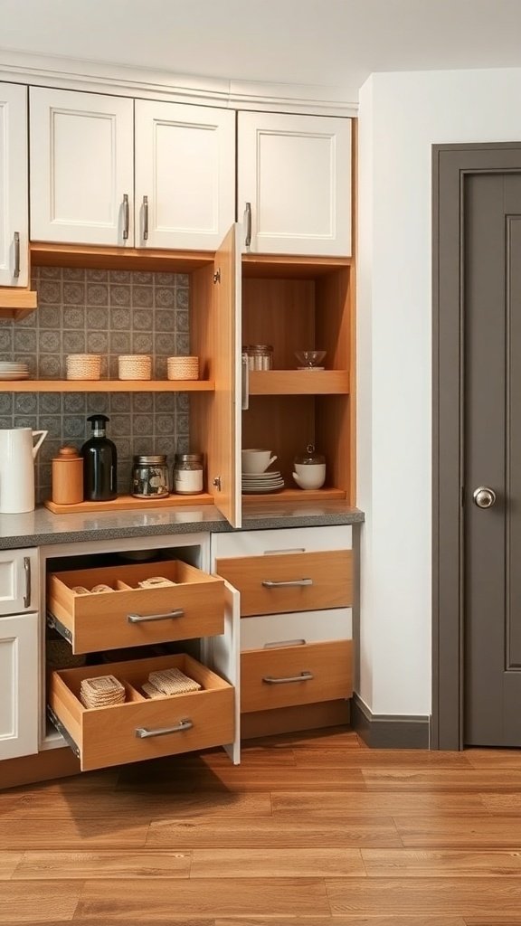 A modern kitchen featuring drawer cabinets and open shelving with neatly organized items.