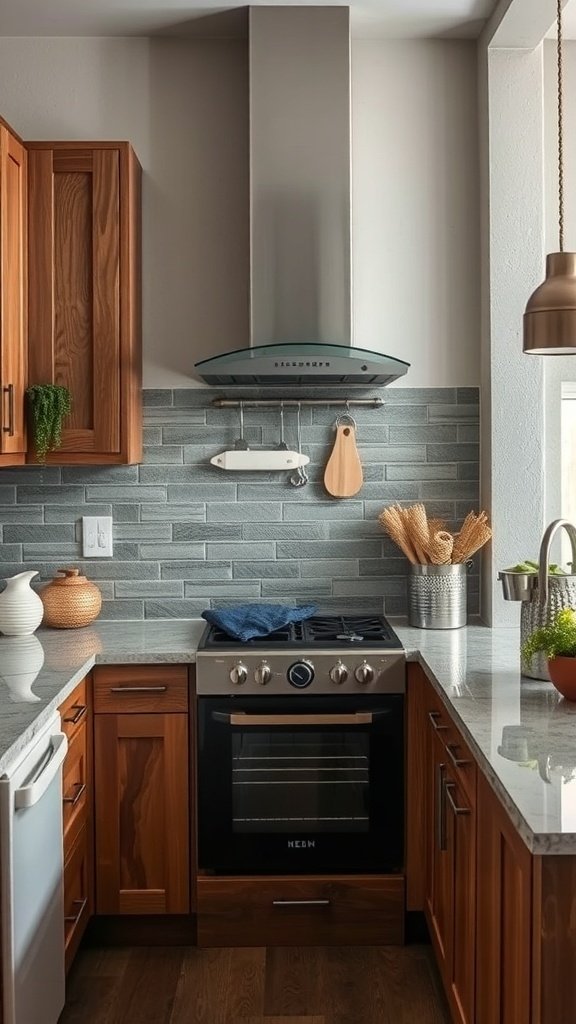 A modern kitchen featuring a natural slate backsplash with wooden cabinets and a sleek stove.
