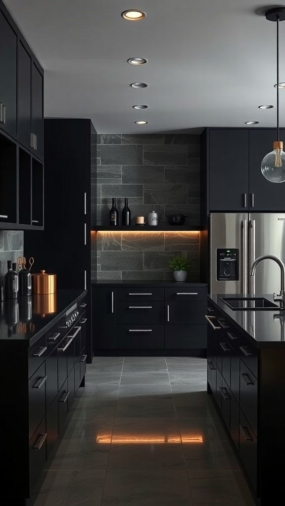 A modern kitchen featuring black cabinets, a dark countertop, and subtle lighting, creating a luxe atmosphere.