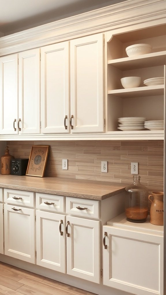 A modern kitchen with white cabinets and a wooden countertop, showcasing accessibility features.
