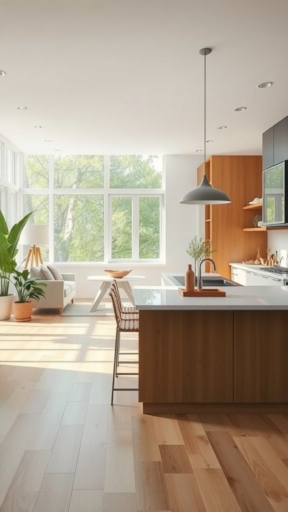 A modern open concept kitchen with large windows, wooden accents, and a cozy seating area.