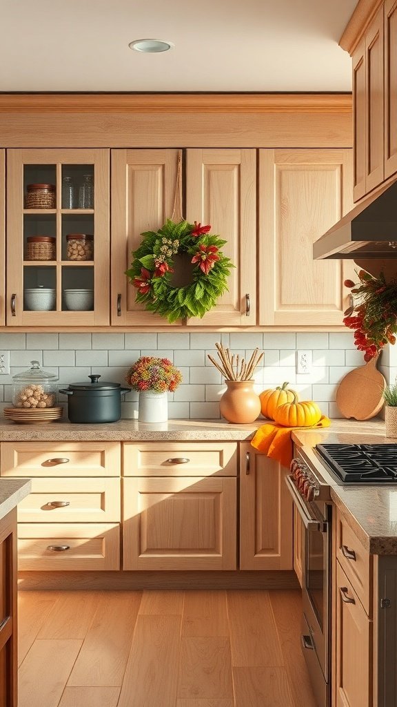 A cozy kitchen featuring white oak cabinets, a festive wreath, pumpkins, and colorful flowers.