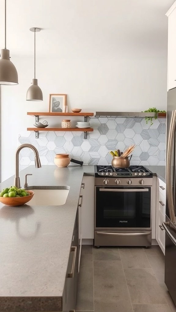 A modern kitchen with a sleek countertop, featuring pendant lights and open shelving.