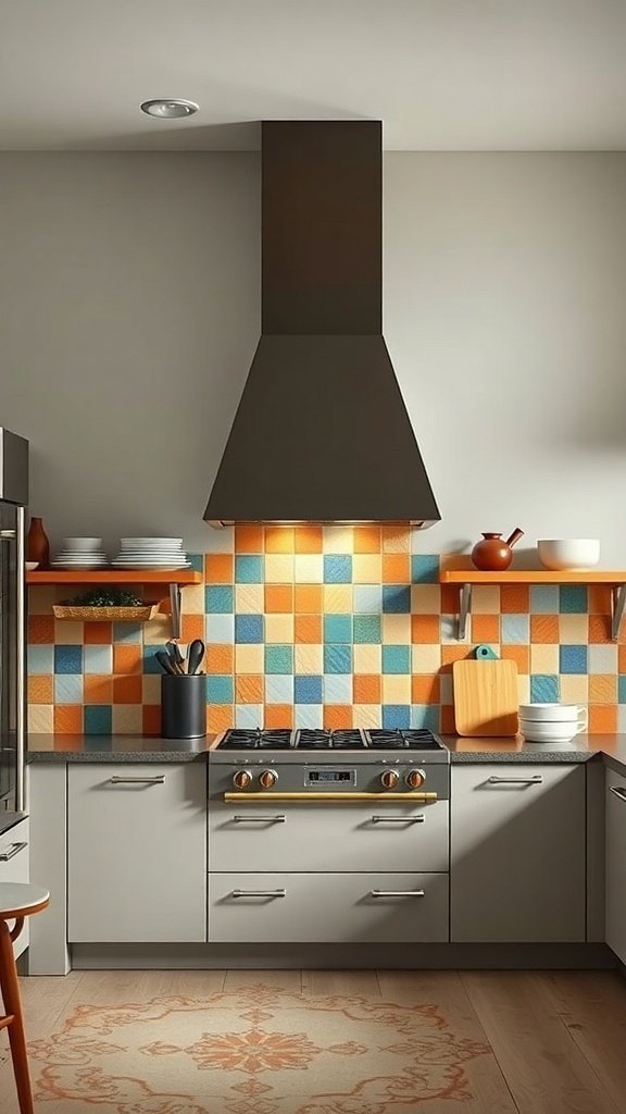 Mid-century modern kitchen featuring a colorful tiled backsplash and sleek appliances.