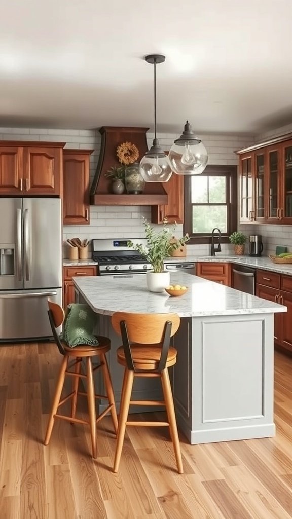 Charming cottage kitchen with a gray island, marble countertop, and wooden bar stools.