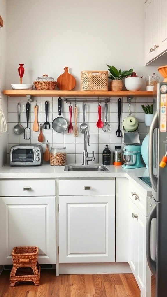 A small kitchen corner with hanging utensils, a shelf with decorative items, and a countertop with a toaster and stand mixer.