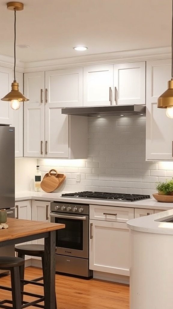 A modern kitchen featuring white cabinets, warm wood accents, and stylish pendant lighting.