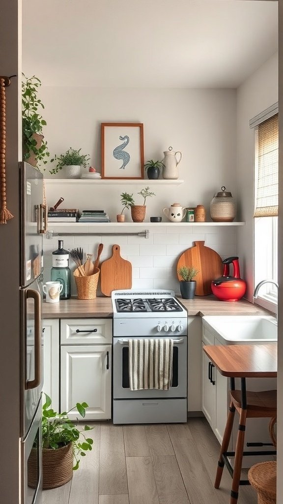 A small kitchen with open shelves, plants, and decorative items creating a cozy atmosphere.