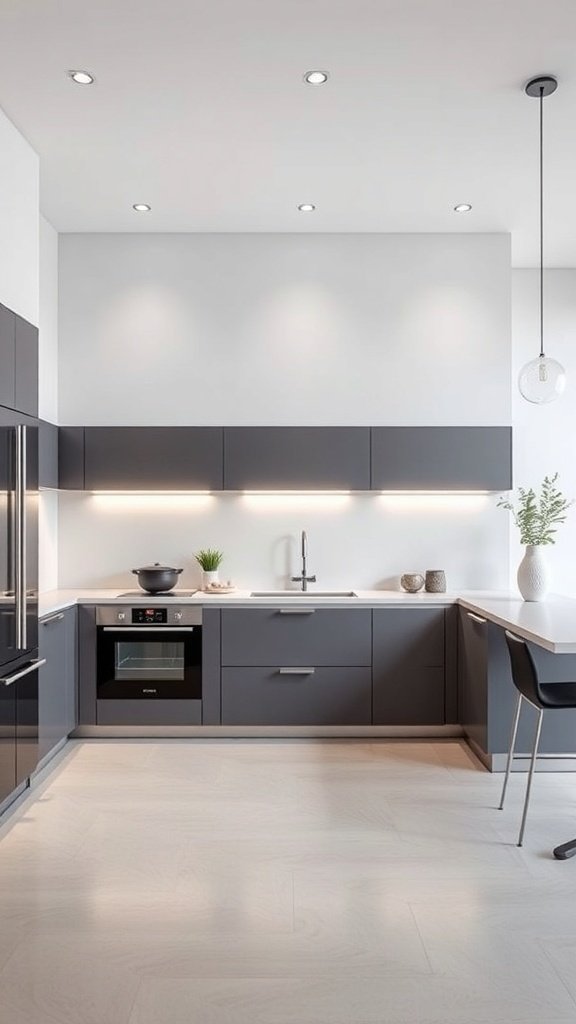 A modern minimalist kitchen with dark cabinetry, light walls, and subtle lighting.