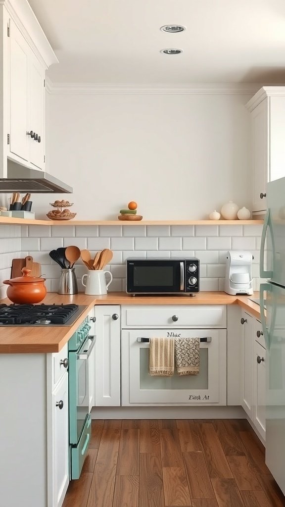 A modern farmhouse kitchen featuring vintage-inspired appliances, including a mint green stove, white cabinetry, and wooden countertops.