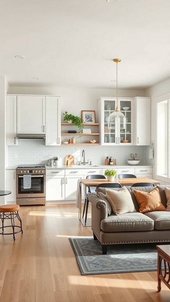 A bright kitchen with white cabinets, a cozy living area, and a modern design.