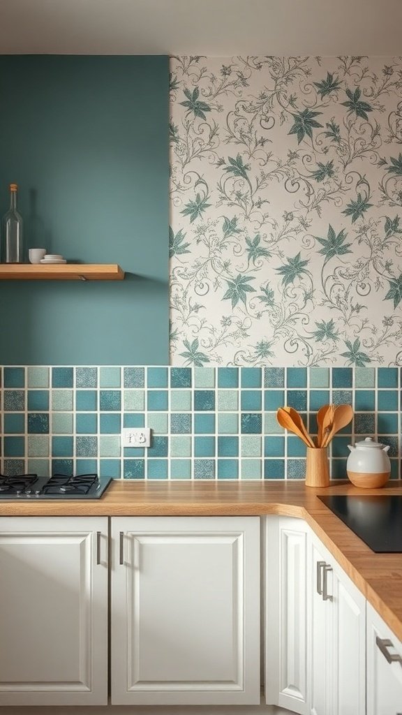 A kitchen featuring a teal wall, floral wallpaper, and a mosaic tile backsplash.