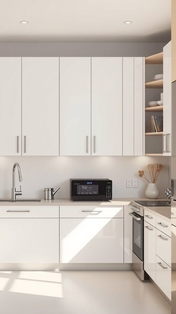 Modern kitchen with white cabinets and smart appliances