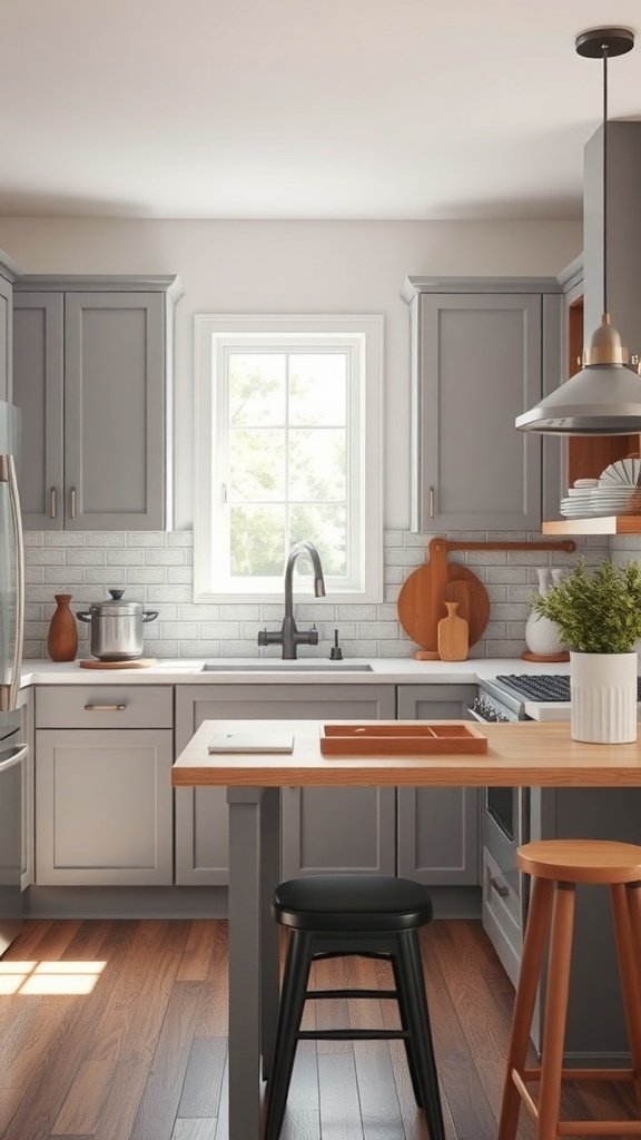 A modern kitchen featuring soft gray cabinets, wooden accents, and natural light.