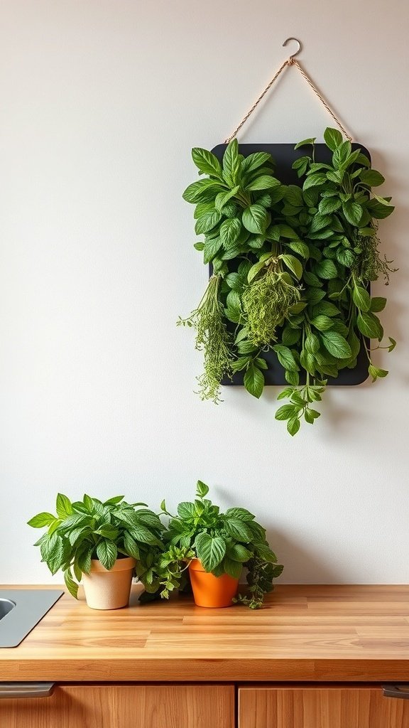 A vertical garden with fresh herbs mounted on a wall, alongside potted herbs on a wooden kitchen countertop.