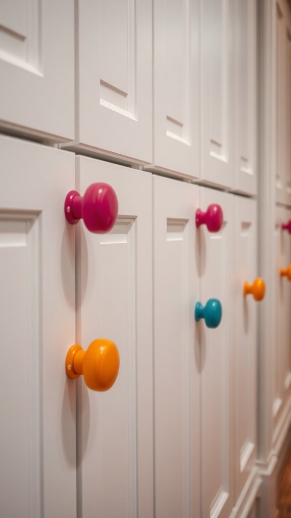 Colorful knobs on white kitchen cabinets