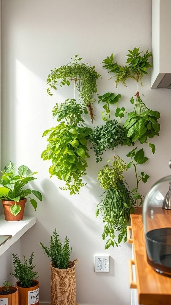 A vertical herb garden with various herbs hanging on a wall, enhancing a small kitchen space.