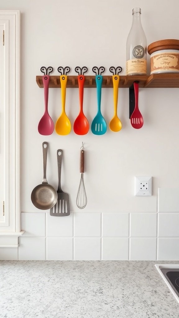 Colorful utensils hanging on wall hooks in a small kitchen