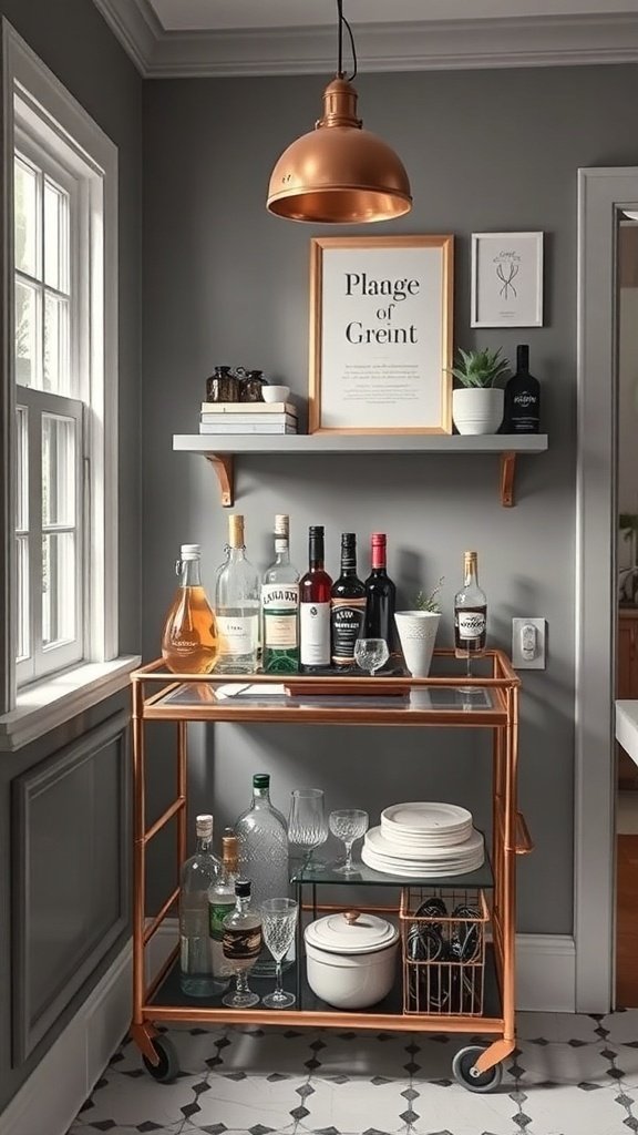 Stylish bar cart in a small kitchen with a copper finish, displaying various bottles and glassware.