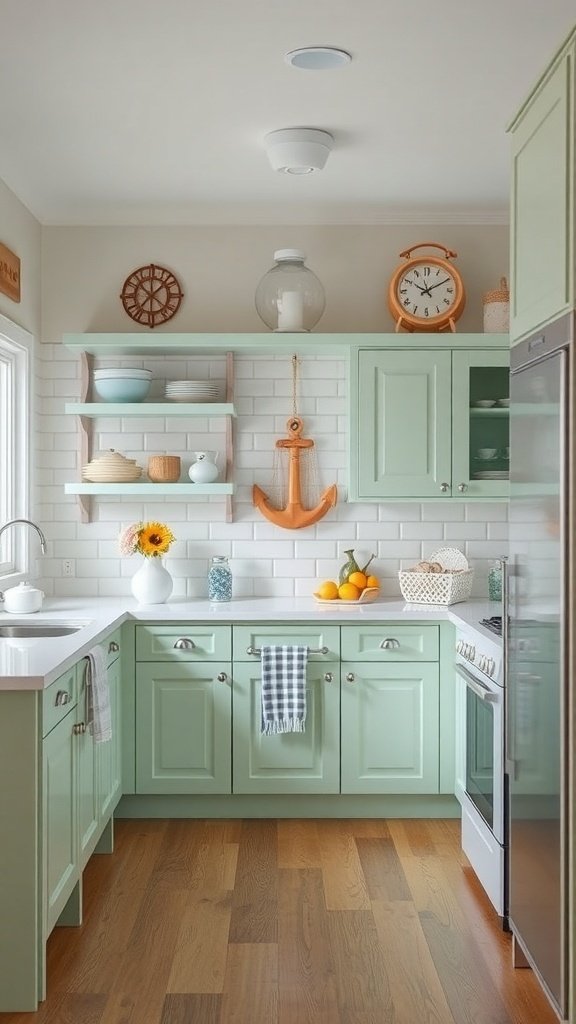 A cozy kitchen featuring mint green cabinets, wooden flooring, and nautical decor.