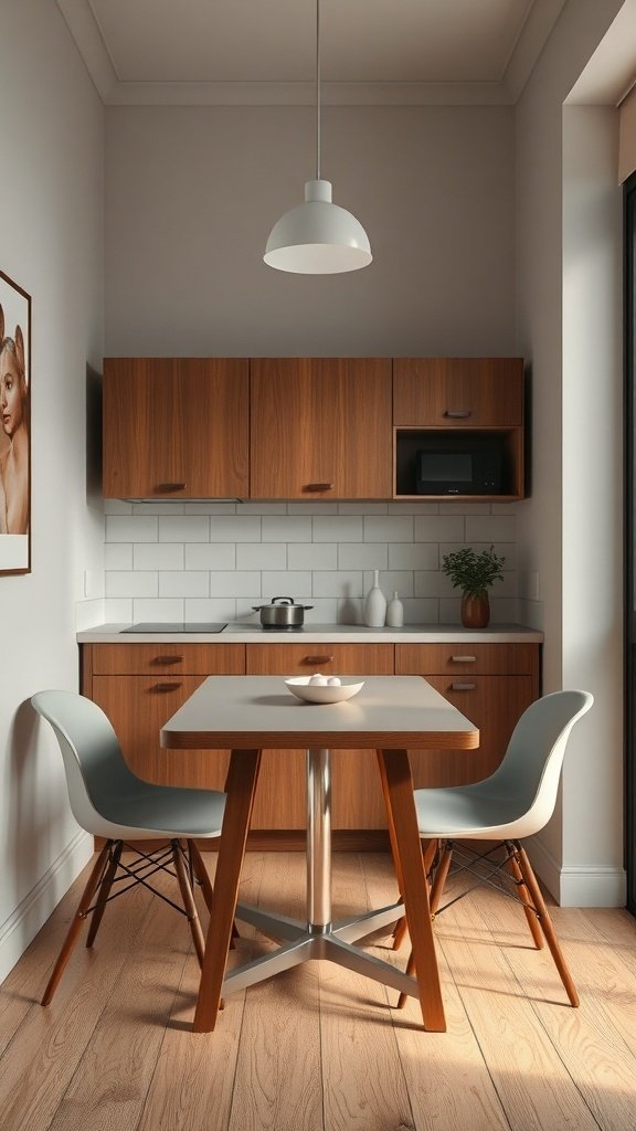 A small kitchen with wooden cabinets, a square dining table, and two chairs, featuring a pendant light and a plant.