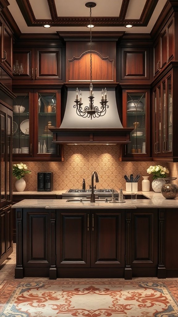 Luxurious kitchen featuring elegant mahogany cabinets with a chandelier and light countertop.
