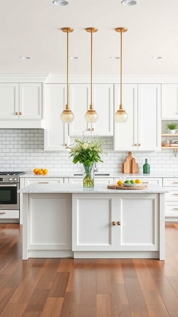 A bright kitchen featuring white cabinets, a marble countertop island, and stylish pendant lighting.
