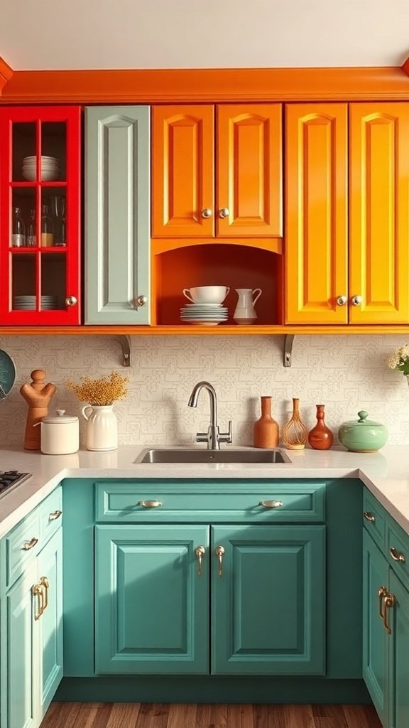 A colorful kitchen with orange, red, and turquoise cabinets, showcasing a lively and inviting atmosphere.