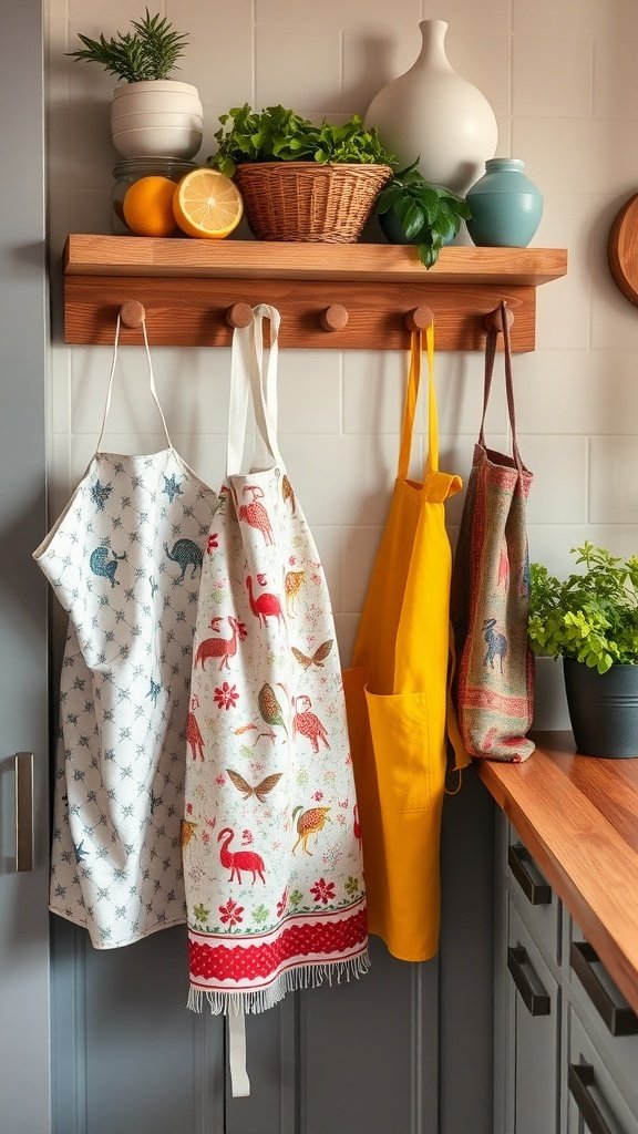 A display of colorful aprons hanging on a wooden rack in a kitchen, with fresh herbs and fruits on a shelf above.