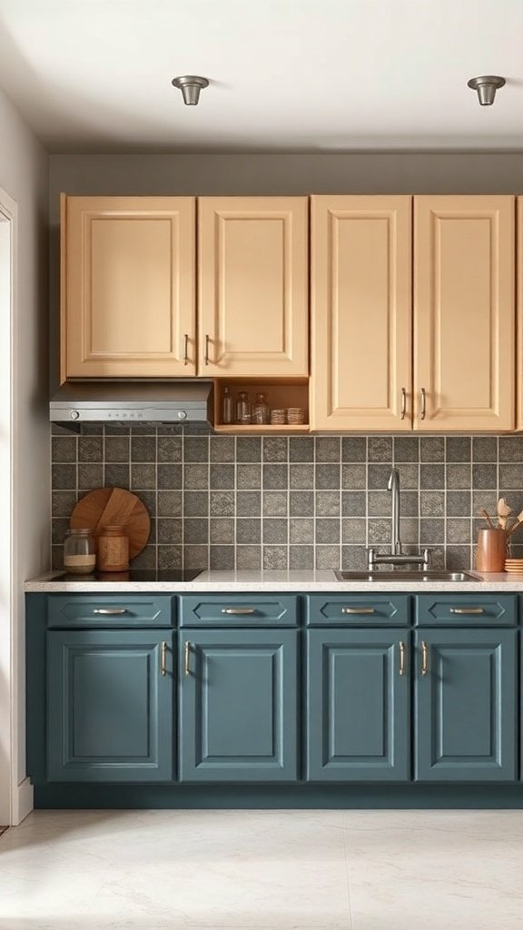 A kitchen with two-tone cabinets: light beige upper cabinets and dark blue lower cabinets.