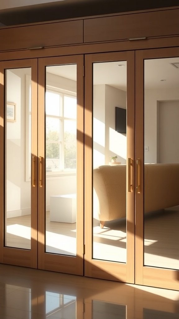 A modern kitchen cabinet with mirrored doors reflecting light and creating depth.