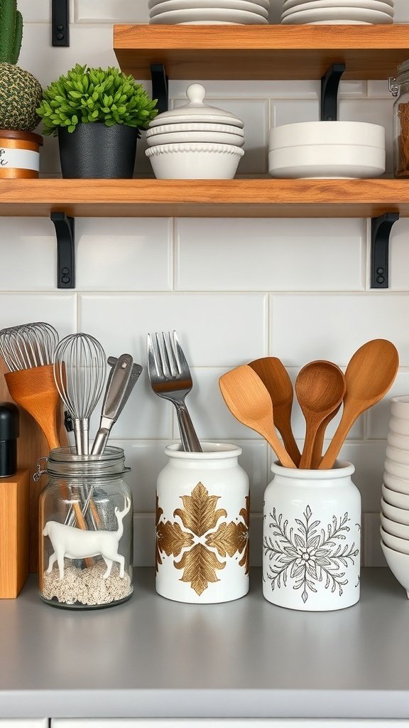 A small kitchen countertop featuring stylish containers for utensils and decor.