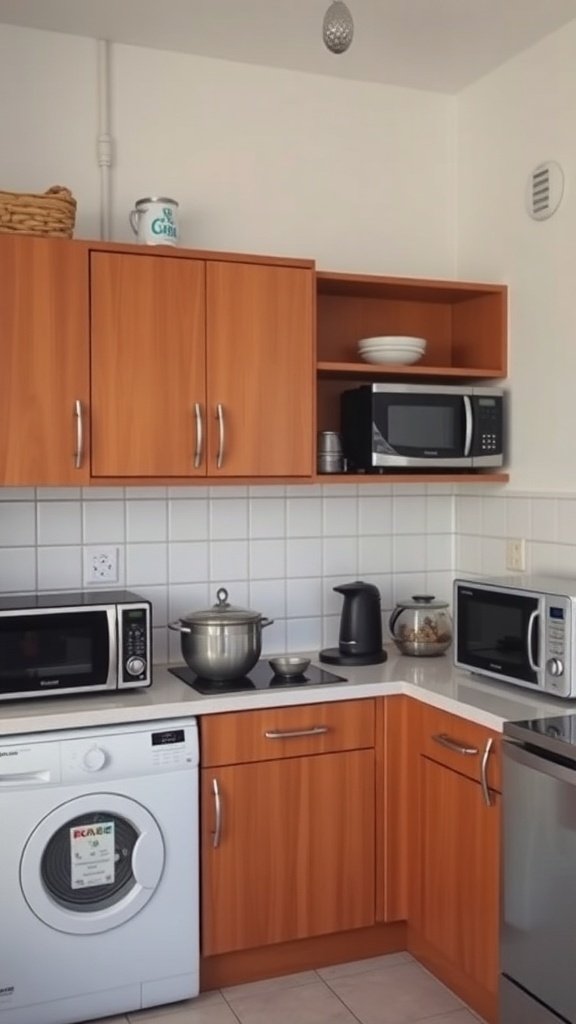 A compact kitchen featuring small appliances like a microwave, kettle, and stovetop, showcasing efficient use of space.