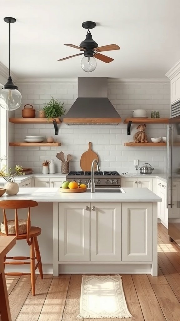 A bright farmhouse kitchen featuring white cabinetry, wooden shelves, and a cozy atmosphere.