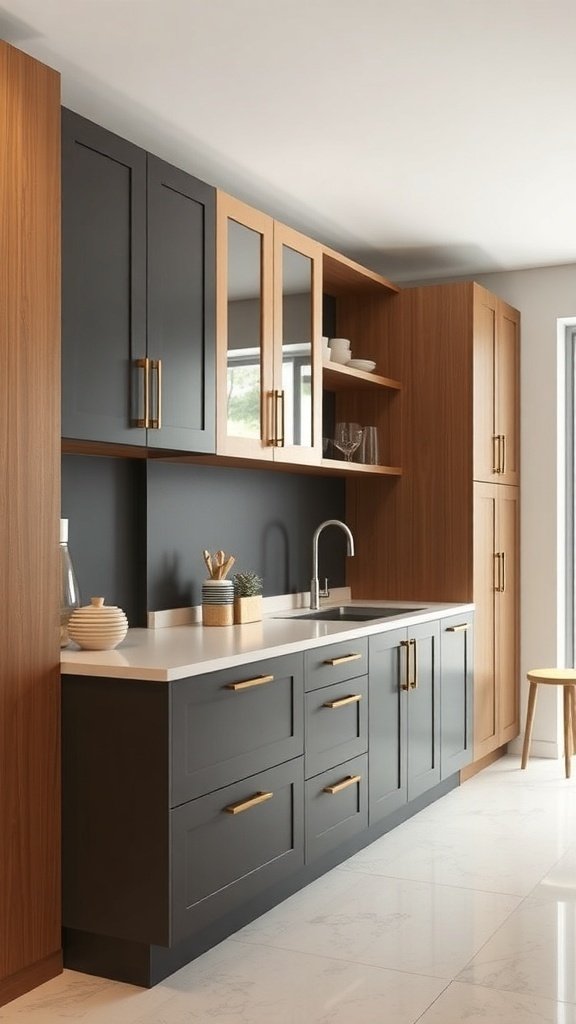 A modern kitchen featuring two-tone cabinets in dark gray and warm wood, with smart storage solutions.