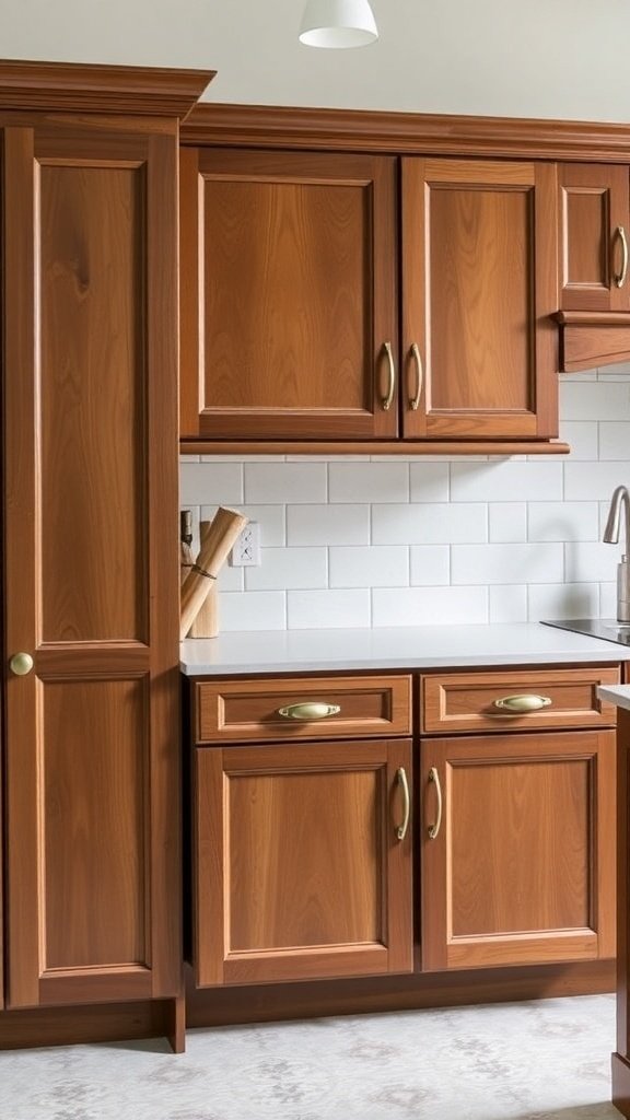 A kitchen with wooden cabinets and gold cabinet hardware.