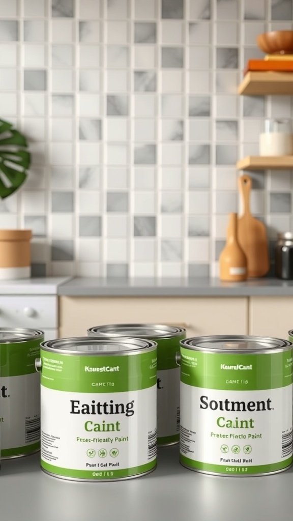 Cans of eco-friendly paint for kitchen cabinets on a countertop.