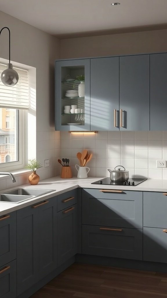A modern kitchen with painted blue cabinets, a white countertop, and natural light coming through the window.