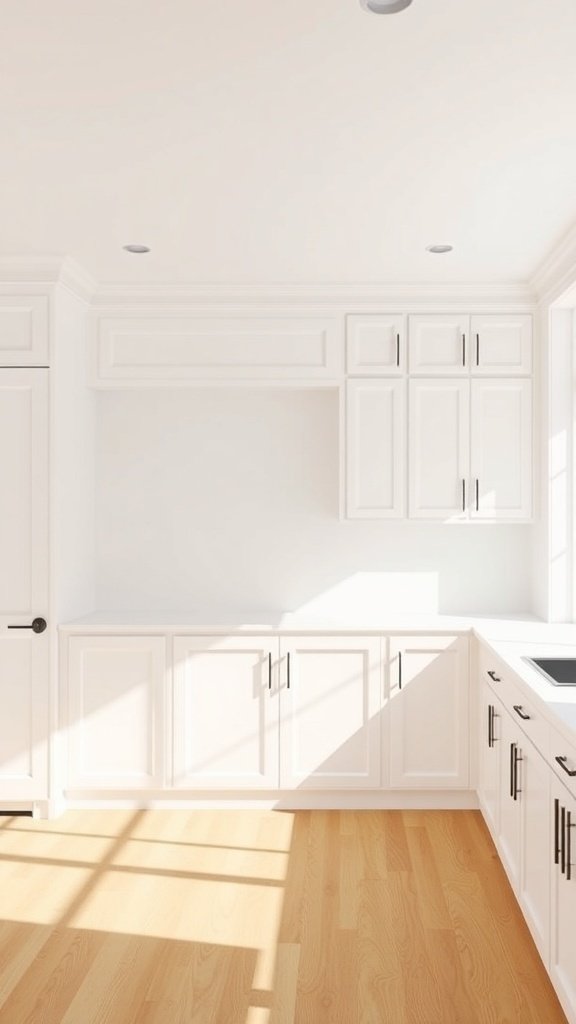 A bright kitchen featuring white cabinets and wooden flooring