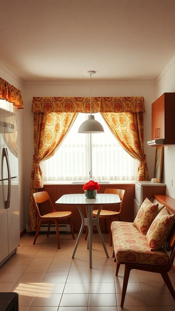 A mid-century modern kitchen with patterned curtains and cushions, featuring a cozy dining area.