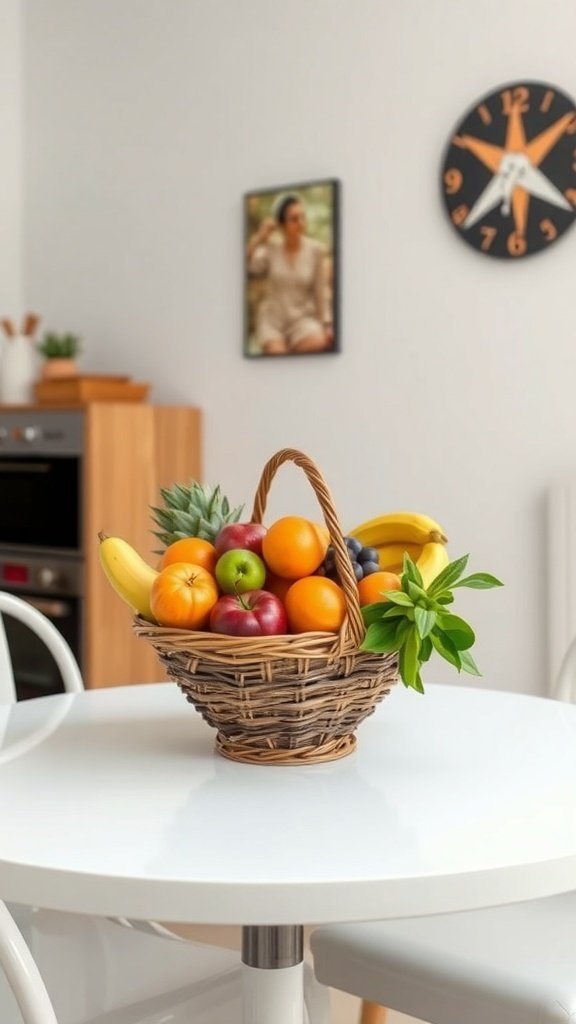 A wicker basket filled with various fruits, including bananas, oranges, apples, and a pineapple, placed on a white table in a small kitchen.