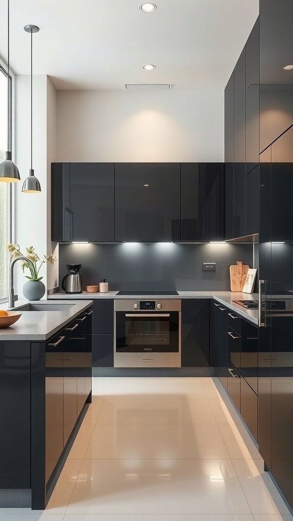 Modern kitchen with glossy charcoal cabinets and gray countertops
