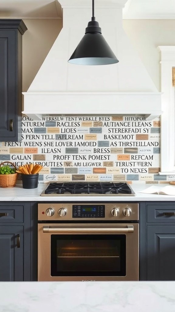 A stylish modern farmhouse kitchen featuring a colorful tile backsplash with a mix of patterns and shades.