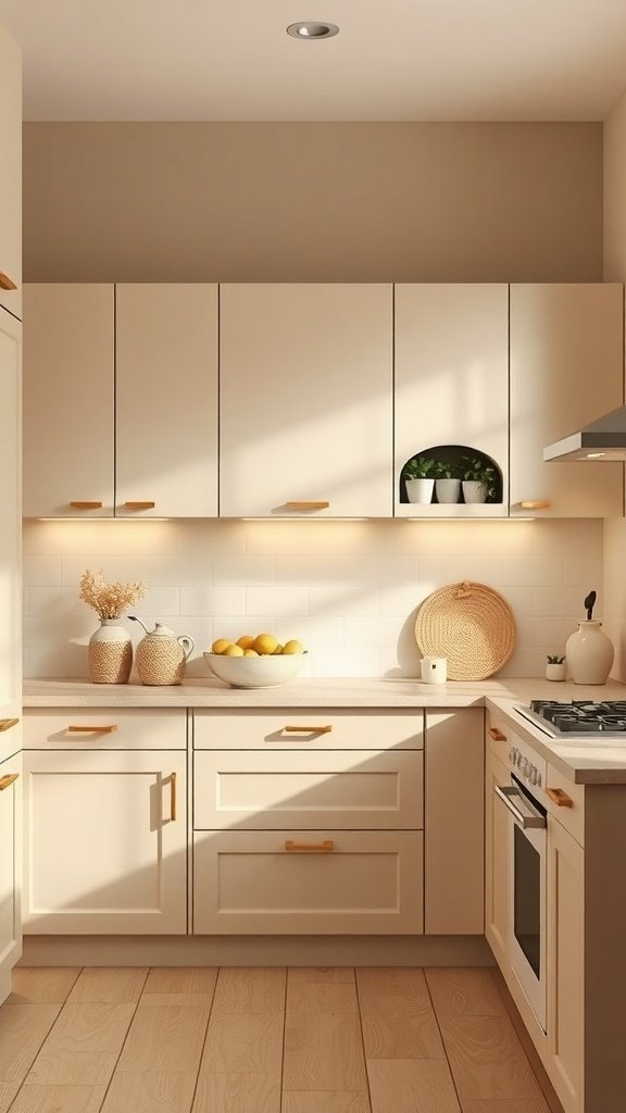 A cozy beige kitchen with light cabinets, wooden accents, and decorative elements.