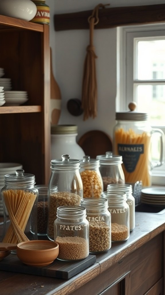 A collection of vintage jars filled with grains and pasta, neatly arranged on a kitchen countertop.