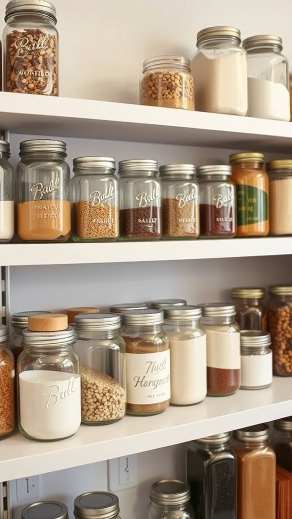 A collection of mason jars filled with various ingredients on kitchen shelves.