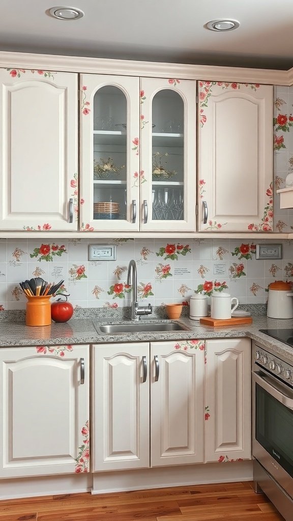 Kitchen cabinets with floral decals and a cozy design.