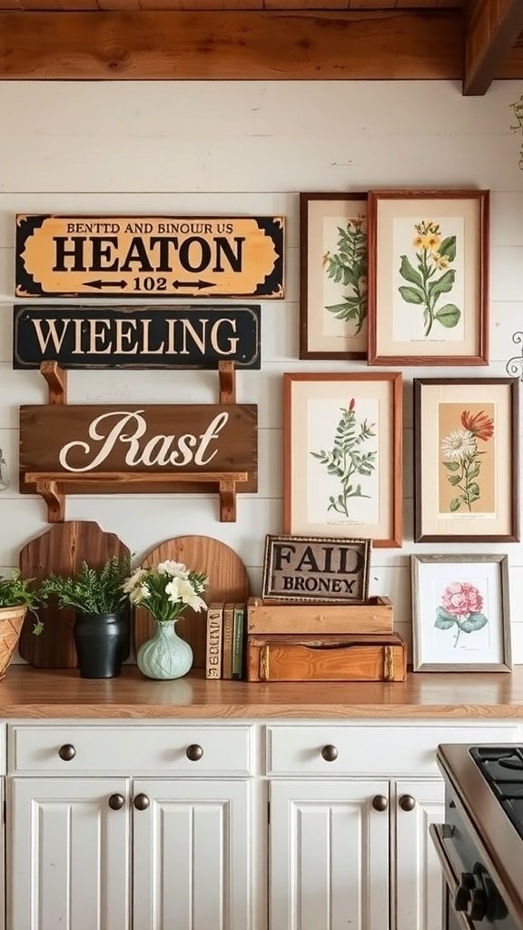Rustic farmhouse kitchen wall art featuring vintage signs and botanical prints.